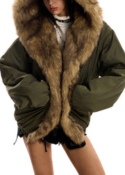 Army Green Faux Fur Cotton Filled Jacket Oversized Hooded Winter