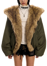 Army Green Faux Fur Cotton Filled Jacket Oversized Hooded Winter