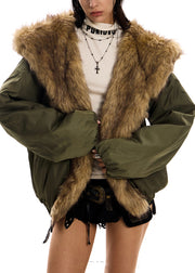 Army Green Faux Fur Cotton Filled Jacket Oversized Hooded Winter