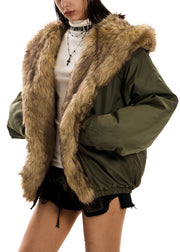 Army Green Faux Fur Cotton Filled Jacket Oversized Hooded Winter
