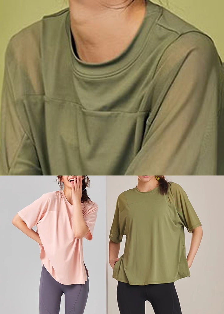 Army Green Patchwork Side Open Yoga Tops Summer