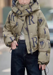 Army Green Print Duck Down Down Coat Hooded Drawstring Winter