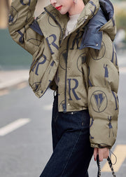 Army Green Print Duck Down Down Coat Hooded Drawstring Winter