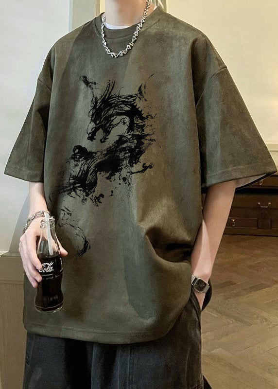 Army Green Print Oversized Faux Suede T Shirts O Neck Summer