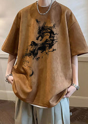 Army Green Print Oversized Faux Suede T Shirts O Neck Summer