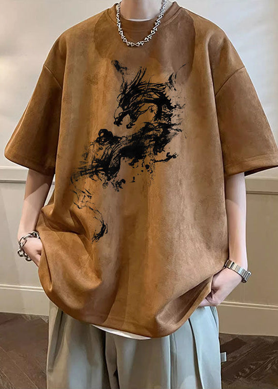 Army Green Print Oversized Faux Suede T Shirts O Neck Summer