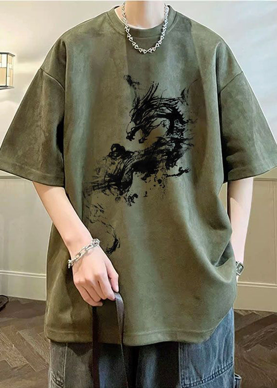 Army Green Print Oversized Faux Suede T Shirts O Neck Summer