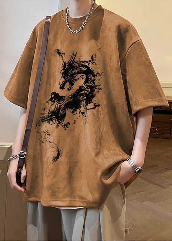 Army Green Print Oversized Faux Suede T Shirts O Neck Summer