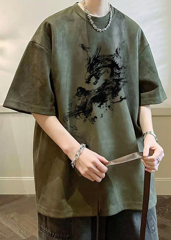 Army Green Print Oversized Faux Suede T Shirts O Neck Summer