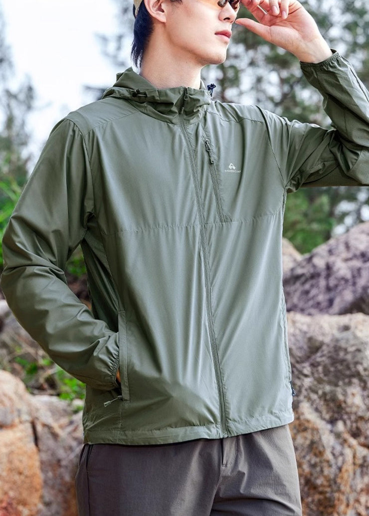 Army Green Zippered Pockets Mens UPF 50+ Coat Hooded Summer