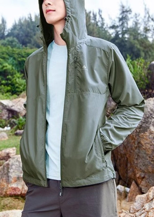 Army Green Zippered Pockets Mens UPF 50+ Coat Hooded Summer