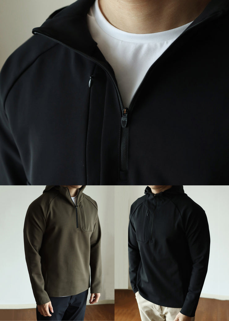 Army Green Zippered Solid Cotton Fall Men Sweatshirt Hoodie