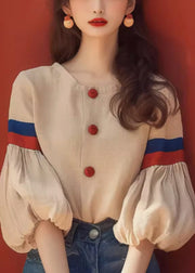 Art Apricot O-Neck Patchwork Cotton Blouse Lantern Sleeve
