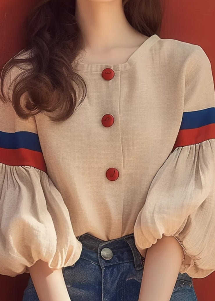 Art Apricot O-Neck Patchwork Cotton Blouse Lantern Sleeve