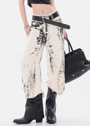 Art Apricot Print Pockets High Waist Denim Pants Fall