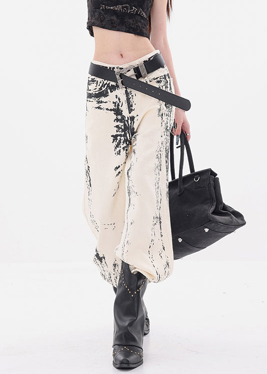 Art Apricot Print Pockets High Waist Denim Pants Fall