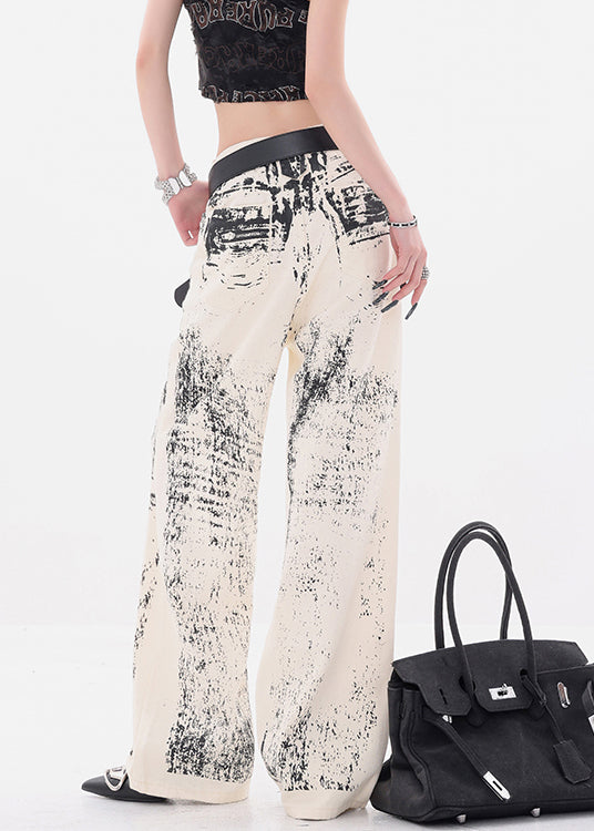 Art Apricot Print Pockets High Waist Denim Pants Fall