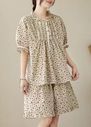 Art Apricot Ruffled Print Cotton Pajama Sets Summer