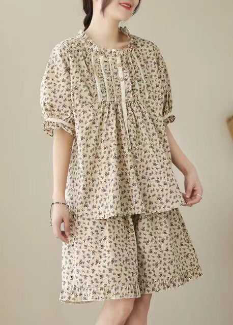 Art Apricot Ruffled Print Cotton Pajama Sets Summer