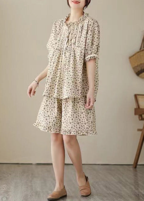 Art Apricot Ruffled Print Cotton Pajama Sets Summer