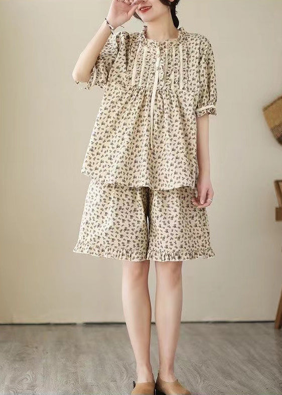 Art Apricot Ruffled Print Cotton Pajama Sets Summer