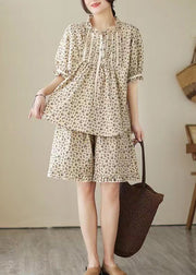 Art Apricot Ruffled Print Cotton Pajama Sets Summer