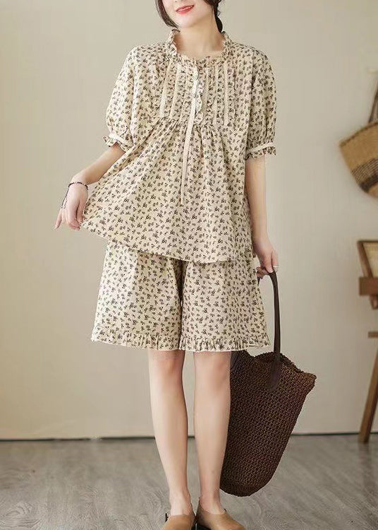Art Apricot Ruffled Print Cotton Pajama Sets Summer