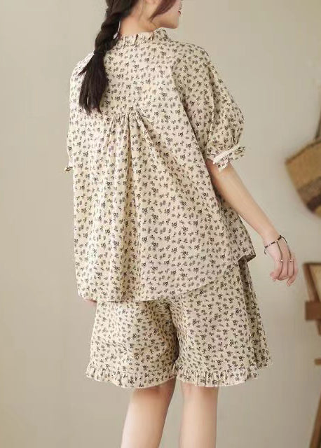 Art Apricot Ruffled Print Cotton Pajama Sets Summer