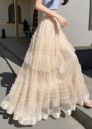 Art Apricot Ruffled Solid Elastic Waist Chiffon Skirts Summer