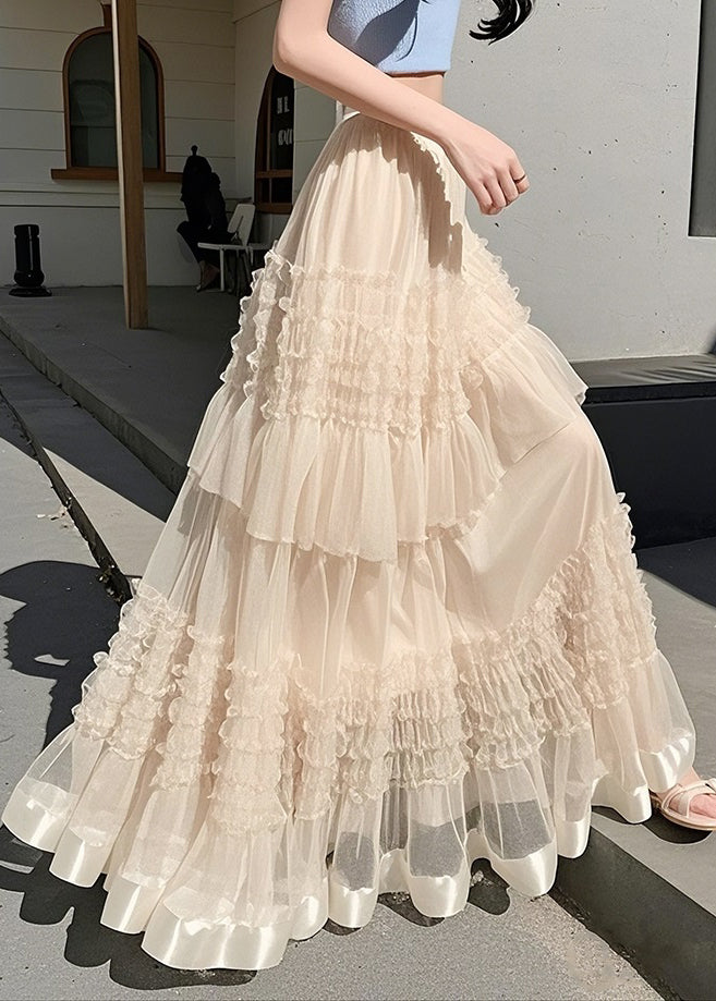 Art Apricot Ruffled Solid Elastic Waist Chiffon Skirts Summer