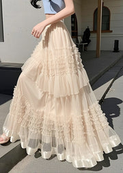 Art Apricot Ruffled Solid Elastic Waist Chiffon Skirts Summer
