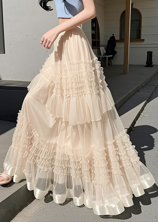 Art Apricot Ruffled Solid Elastic Waist Chiffon Skirts Summer