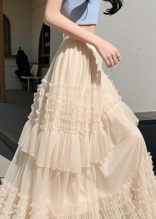 Art Apricot Ruffled Solid Elastic Waist Chiffon Skirts Summer