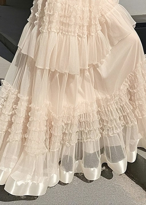 Art Apricot Ruffled Solid Elastic Waist Chiffon Skirts Summer