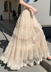 Art Apricot Ruffled Solid Elastic Waist Chiffon Skirts Summer