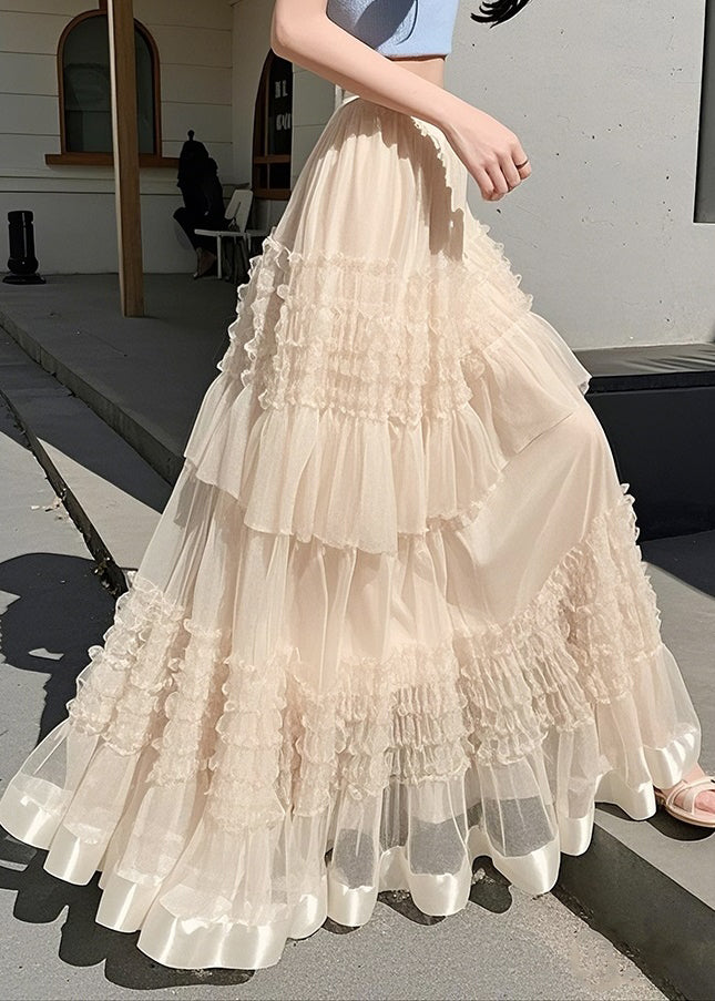 Art Apricot Ruffled Solid Elastic Waist Chiffon Skirts Summer