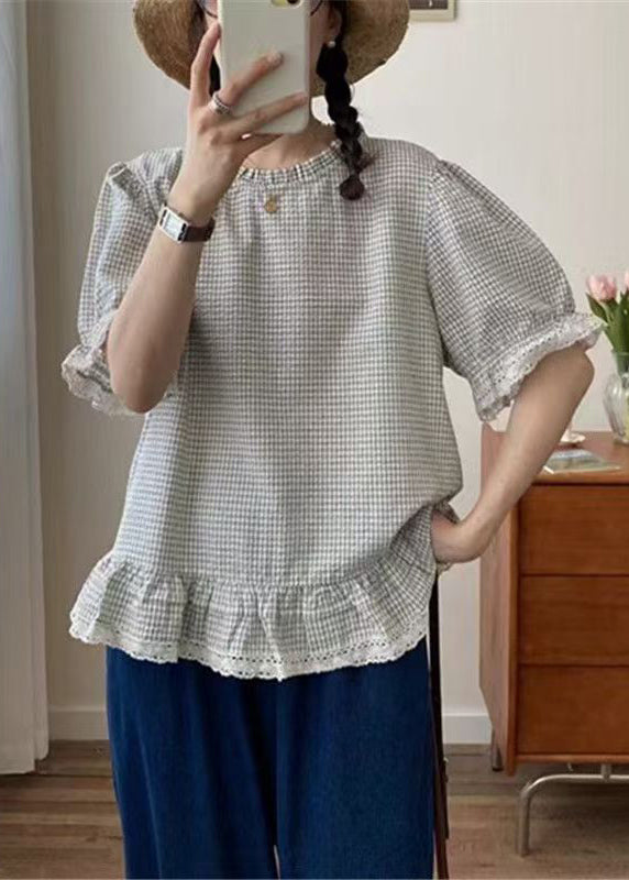 Art Apricot Ruffles Plaid Cotton Shirt Summer