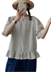 Art Apricot Ruffles Plaid Cotton Shirt Summer