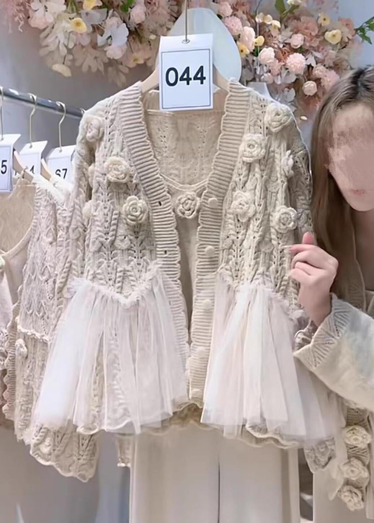 Art Apricot Stereoscopic Flower Patchwork Tulle Knit CardiganTwo Piece Set Fall
