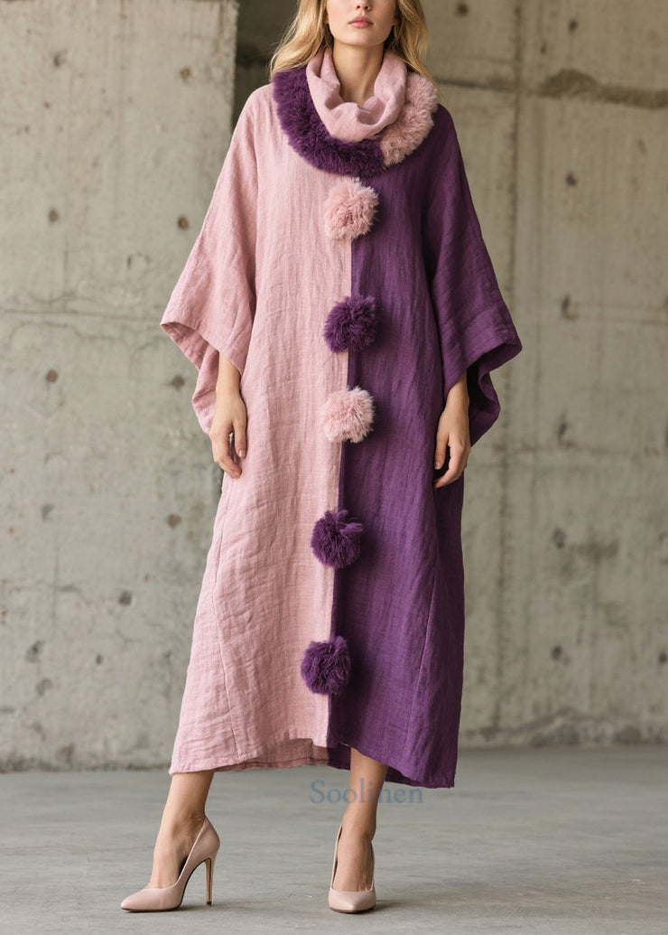 Art Asymmetrical Patchwork Fuzzy Ball Decorated Vacation Dresses Batwing Sleeve
