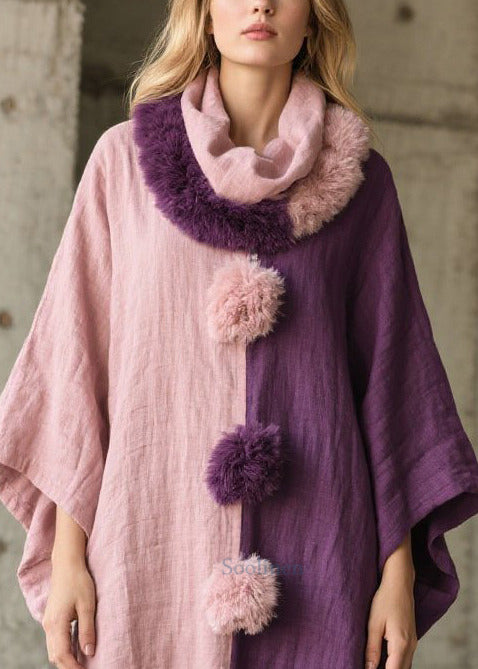Art Asymmetrical Patchwork Fuzzy Ball Decorated Vacation Dresses Batwing Sleeve