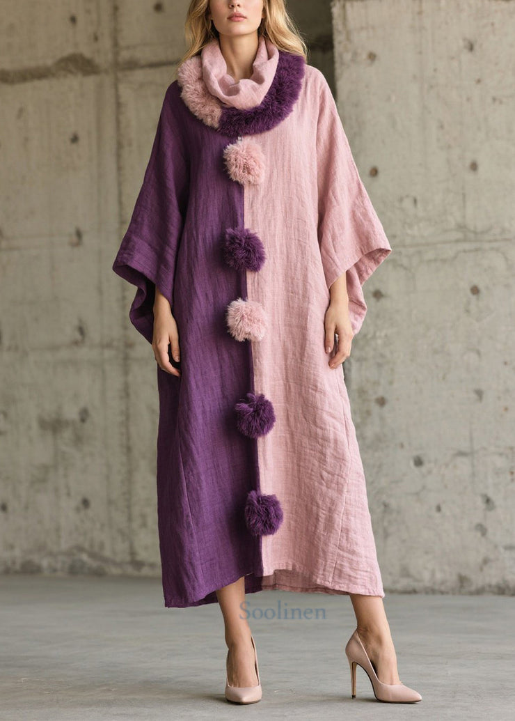 Art Asymmetrical Patchwork Fuzzy Ball Decorated Vacation Dresses Batwing Sleeve