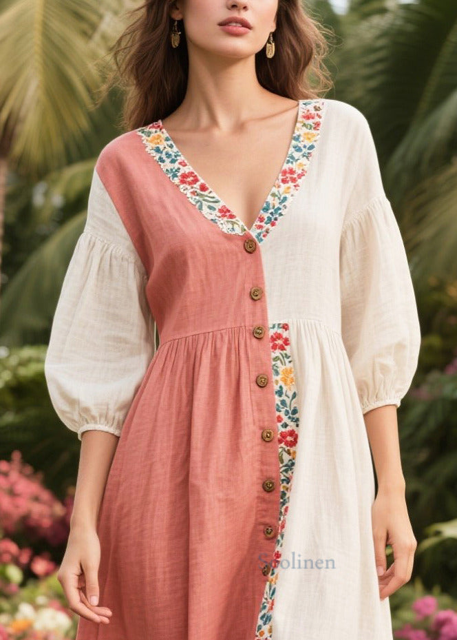 Art Asymmetrical Patchwork Linen Dresses Summer
