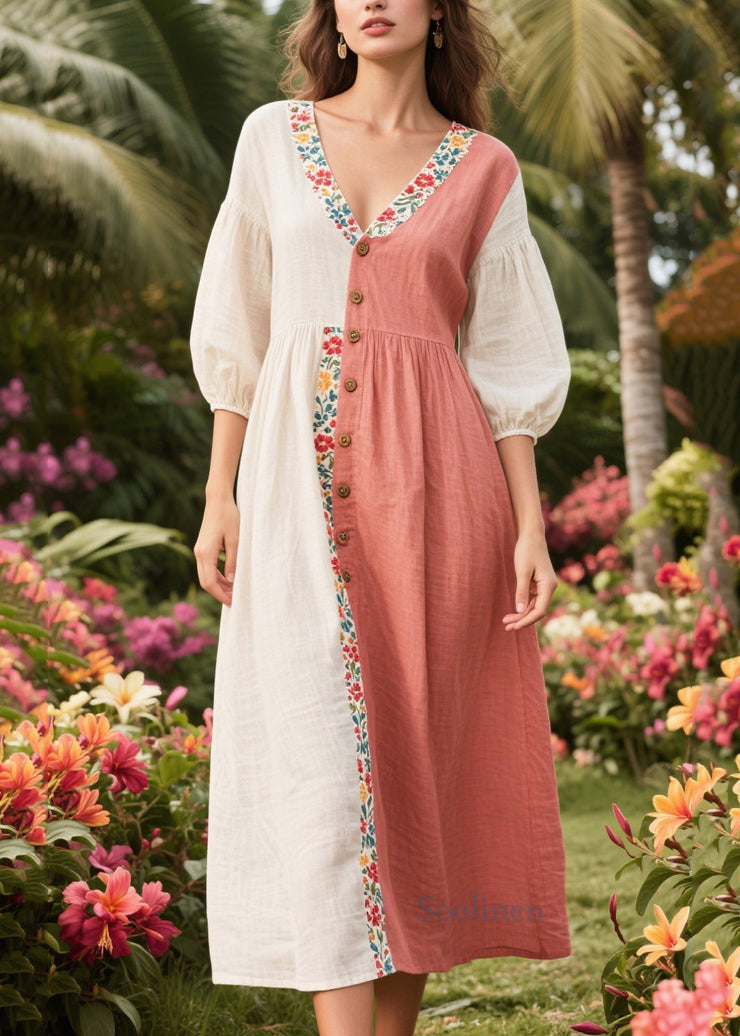 Art Asymmetrical Patchwork Linen Dresses Summer