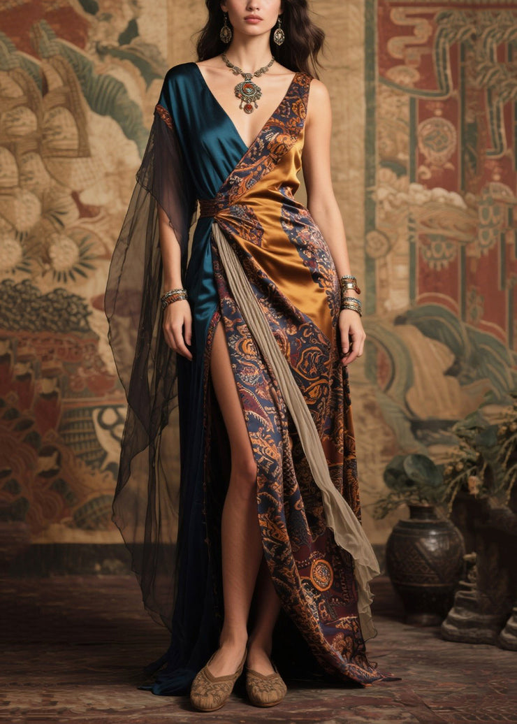Art Asymmetrical Patchwork Side Open Silk Long Dresses Summer