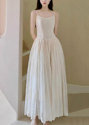 Art Beige Embroidered High Waist Cotton Spaghetti Strap Dress Sleeveless