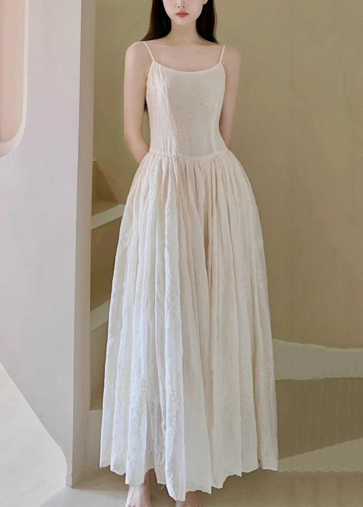 Art Beige Embroidered High Waist Cotton Spaghetti Strap Dress Sleeveless