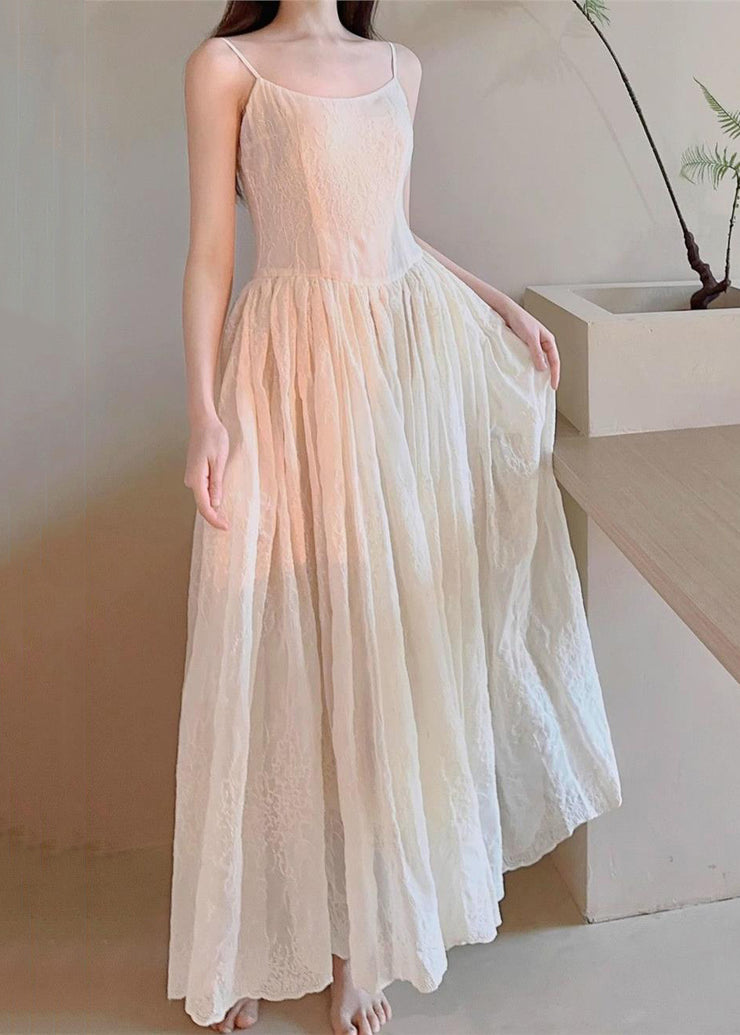 Art Beige Embroidered High Waist Cotton Spaghetti Strap Dress Sleeveless