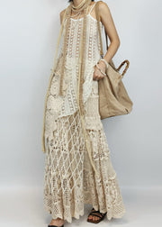 Art Beige Hollow Out Spaghetti Strap Tank And Skirts Knit Two Pieces Set Sleeveless
