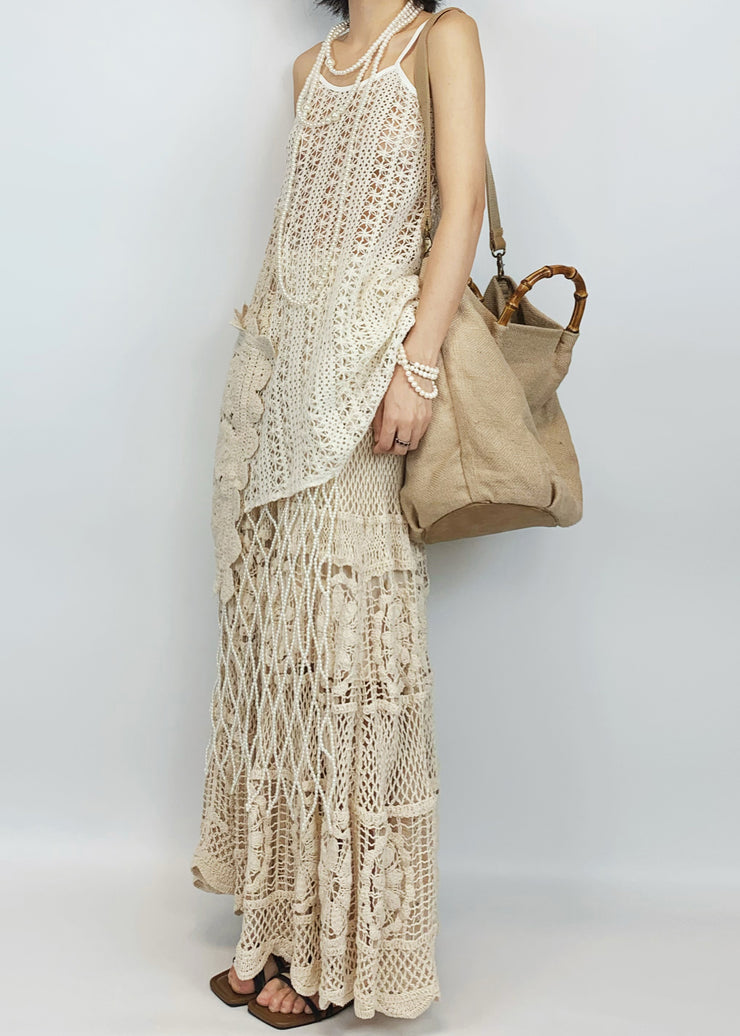 Art Beige Hollow Out Spaghetti Strap Tank And Skirts Knit Two Pieces Set Sleeveless